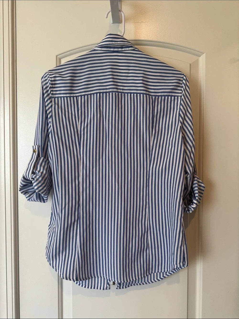 Michael Kors Blue and White Striped Zip-Front Blouse